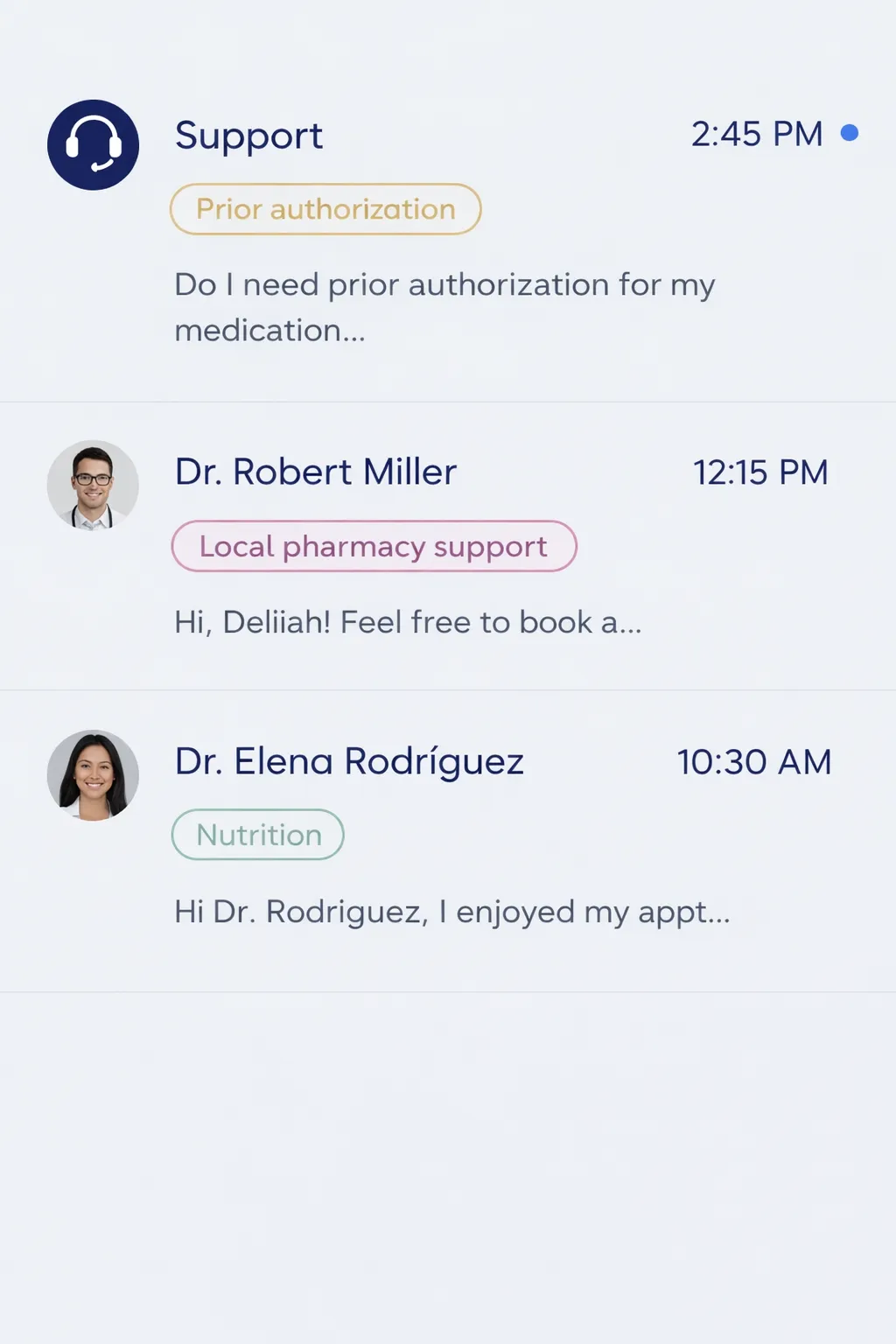 Secure support messaging screen with postpartum coaching conversations